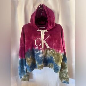 Calvin Klein Jeans Womens Monogram Logo Tie Dye Hoodie Purple Combo Sz L VeryGoo